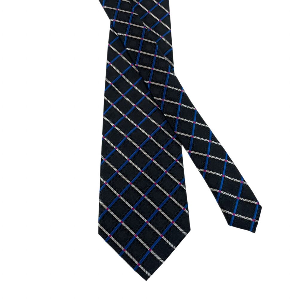 Adolfo Mens Silk Feel Geometric Plaid Tie Black Blue Pink Patterned 4” Width